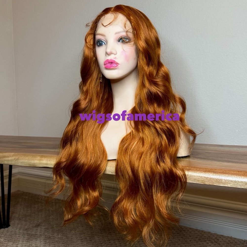 Orange ginger wig wavy layered lace front middle part 26 inch long heat ok
